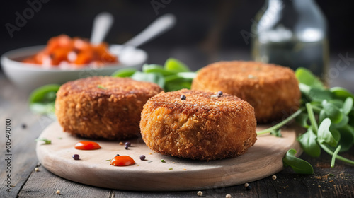 Vegan cutlet food with quinoa, broccoli and salad in plates on light wooden board. Tasty vegan cutlet food on white wood table. Realistic 3D illustration. Generative AI