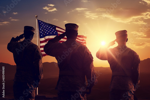 Group or army soldiers salute and honor the USA american flag, memorial day to remember war victims