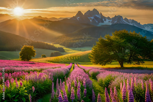 Landscape nature background with beautiful flowers, mountain and sunrise created with Generative AI technology