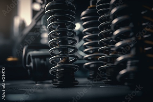 Technical transport springs and car shock absorbers on blurred gray background. Generative AI