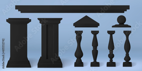 Realistic 3D set of antique architecture design elements. Vector illustration of black stone balustrade handrails, pillars, decorative pediment and ornamental marble sphere. Classical building details