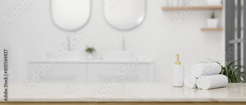 Empty space on a luxury white tabletop in a luxury white bathroom with double sink