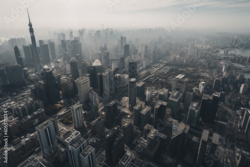 aerial drone shot of a busy city with skyscrapers in the backdrop, created with generative ai
