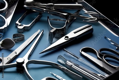 close-up of surgical tools including forceps, scalpels and retractors, created with generative ai