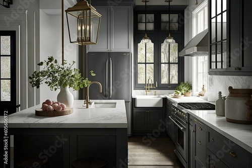 a modern farmhouse kitchen with sleek cabinets, marble countertops, and an oversized lantern, created with generative ai