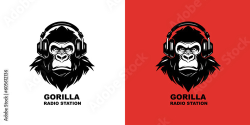 A gorilla wearing headphones vector logotype on red and white background. Logo mark.