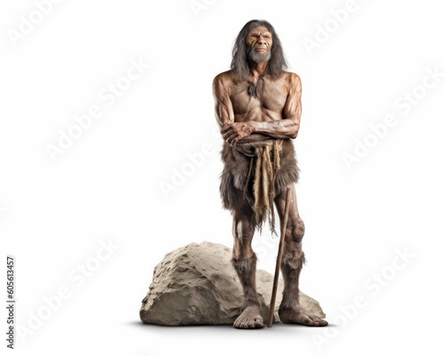 photo of Neanderthal (archaic human) isolated on white background. Generative AI