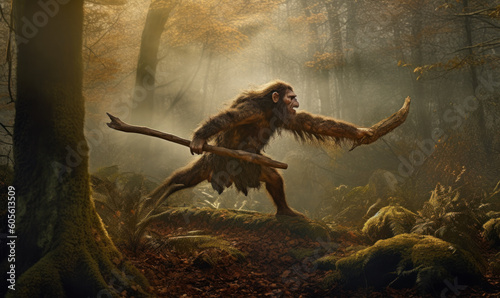 Neanderthal, an archaic human, hunting in a dense, prehistoric mystic forest. The powerful figure is captured mid-stride, brandishing a spear with expert precision. Generative AI