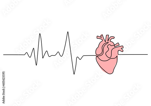 One continuous single line drawing of heart beat isolated on white background.