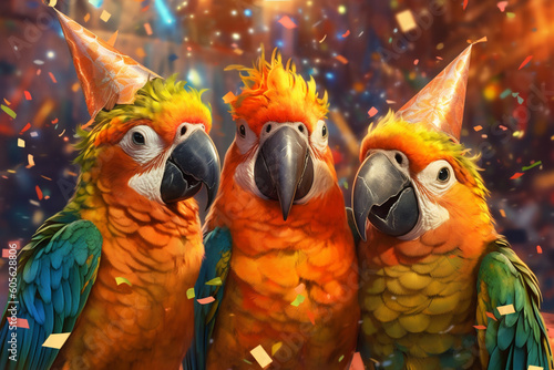 3 fröhliche Papageien mit Partyhüten und Konfetti in Partystimmung. Generative Ai