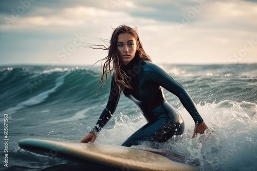 surfer girl swims on surfboard on waves of sea in summer. Generative AI