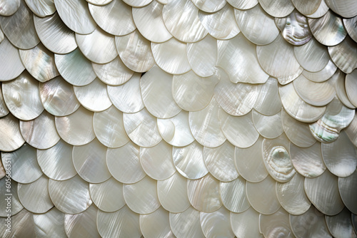 Background of many mother-of-pearl parts of oyster shells. Generative AI.