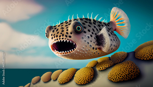 illustration of surrealistic pufferfish with opened mouth