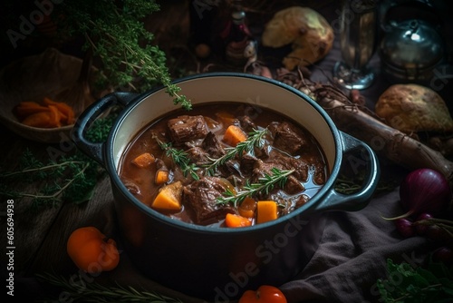 Hungarian braised venison stew with vegetables and herbs in a savory sauce, served in a designer Dutch oven. Generative AI