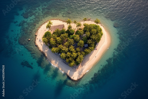 An island in the ocean with heart-shaped palm trees