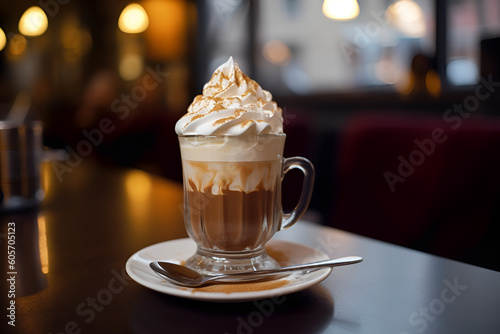 Hot Viennese coffee in glass cup with whipped cream in cafe. Close up. Generative AI.