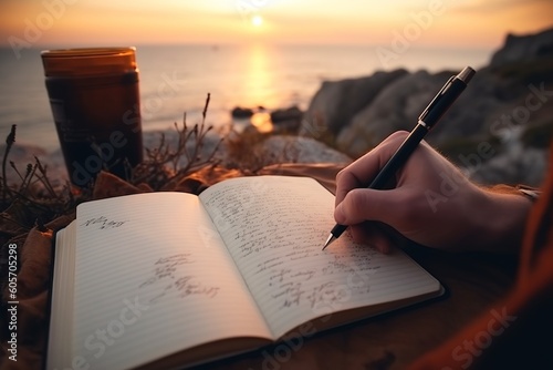 Traveler writing on his journal in front of lake at sunset. Close up shot. Generative AI