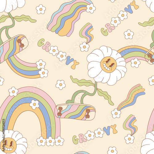 Groovy flower cartoon character on skateboard vector seamless pattern. Flower power retro summer background.