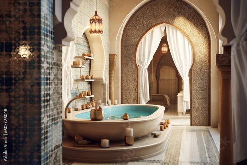 Traditional Moroccan hammam , with mosaic tiles, decorative arches, and spa accessories, promoting relaxation and wellness. Generative AI