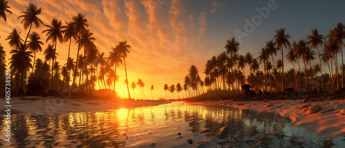 A beautiful beach with coconuts trees at sunset, Generative AI