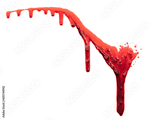 Dripping blood isolated on white background. Flowing bloody stains, splashes and drops. Trail and drips red blood close up.