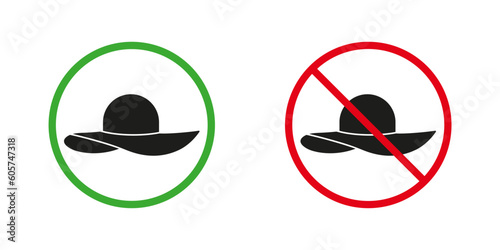 Wear Woman Straw Hat Red and Green Warning Signs. Female Hat for Beach Silhouette Icons Set. Summer Wide Sunhat for Travel or Vacation Allowed and Prohibited Pictogram. Isolated Vector Illustration