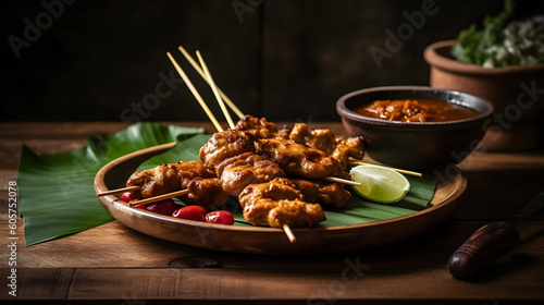 Chicken satay served with Indonesian peanut sauce on a banana leaf mat ,generative ai