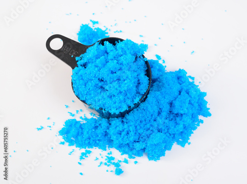 Copper II sulfate, also known as blue vitriol, bluestone, vitriol of copper, and Roman vitriol. On white background.