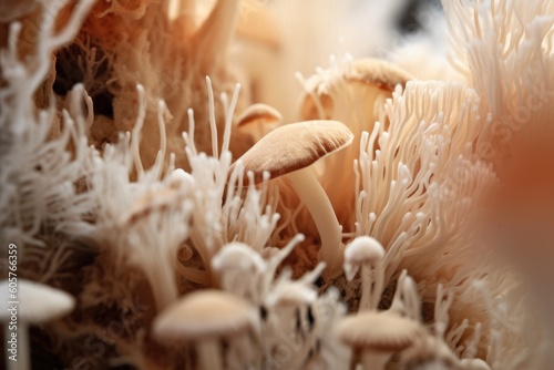 Natural fungus mycelium network texture closeup