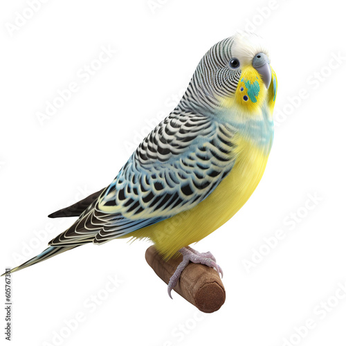 yellow budgie sits on a wooden stick isolated on transparent background, generative ai 