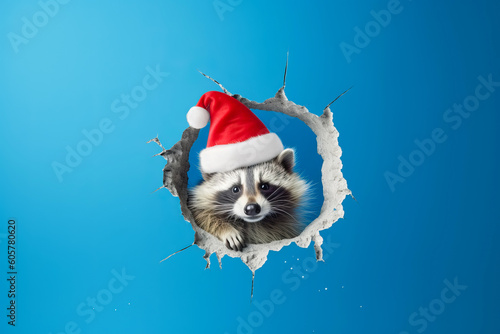 Cute raccoon in a santa hat peeks through a broken hole in a blue wall. Generative AI