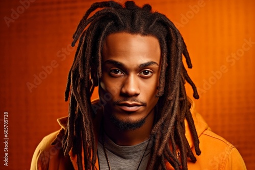 Jamaican man with dreadlocks in his hair posing in studio. Fictitious person generated by Ai.