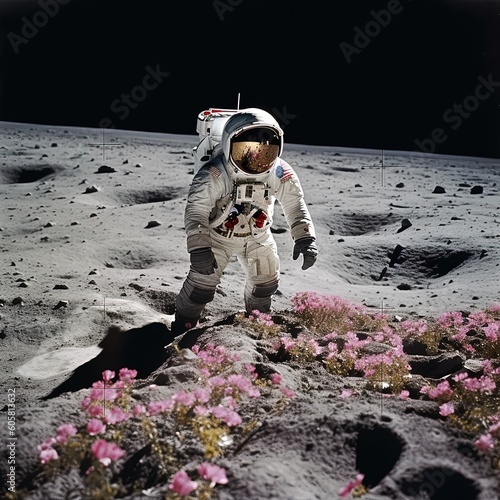 Astronaut neil armstrong on the white surface of the moon finds 1 colorful flower