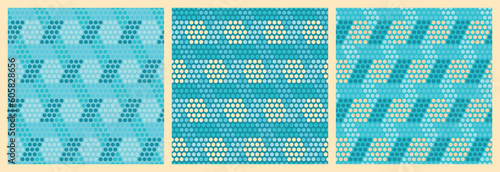 Geometric seamless pattern with polka dot texture. Each pattern is isolated. Turquoise mosaic pattern for tile, swimming pool, bathroom wall or other interior design. Vector illustration. Set.