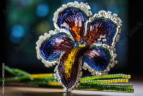 Beaded brooch in the form of iris flower. Beautiful brooch from glass beads. Generative AI