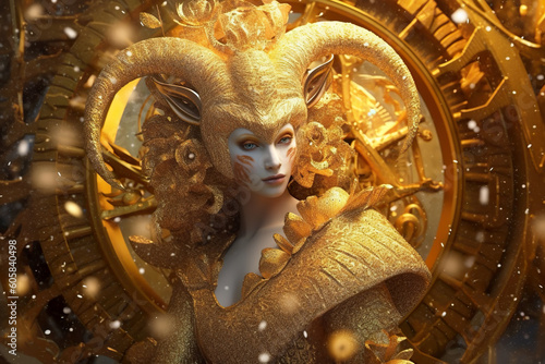 Zodiac sign of Capricorn as woman, fantasy golden female image, generative AI.