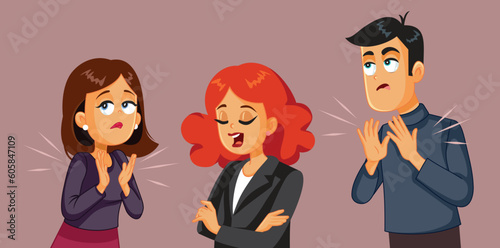 Fake Friends Congratulating their Colleague for Promotion at Work Vector Cartoon Illustration. Smug arrogant manager bragging about her performance 
