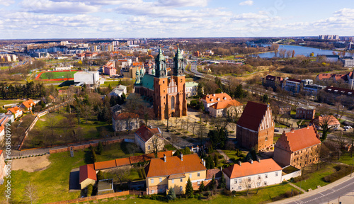 Aerial view of Peter and Paul Cathedral historical landmark in Poznan, Poland
