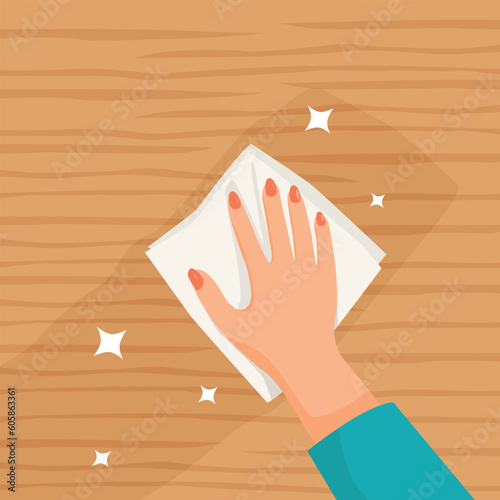 Woman hands with rag cleaning wooden surface