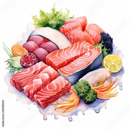 Illustration of Sashimi Set with salmon, tuna, tuna, shrimp and other fishIllustration of Sashimi Set with salmon, tuna, tuna, shrimp and other fish