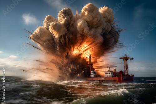 Construction barge explosion at sea