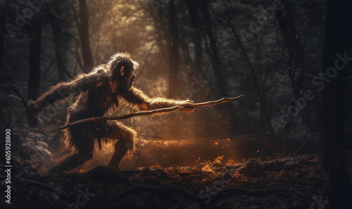 Photo of Neanderthal (archaic human) hunting in a dense, prehistoric forest. The powerful figure is captured mid-stride, brandishing a spear with expert precision. Generative AI