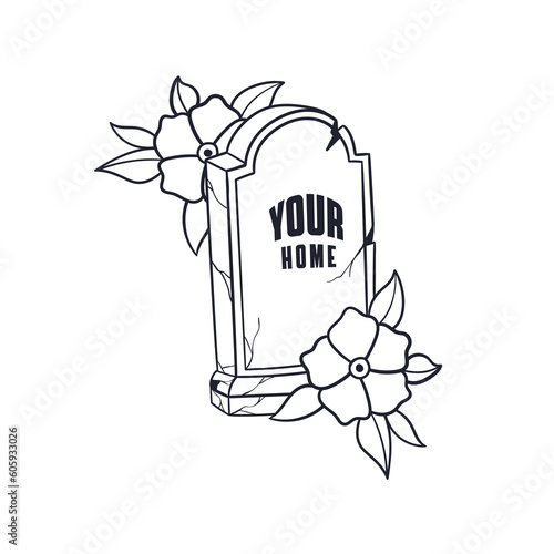 Hand drawn illustration of traditional tattoo tombstone outline