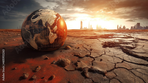 illustrazione di concetto di riscaldamento globale, terra distrutta e terreni aridi, creata con intelligenza artificiale,