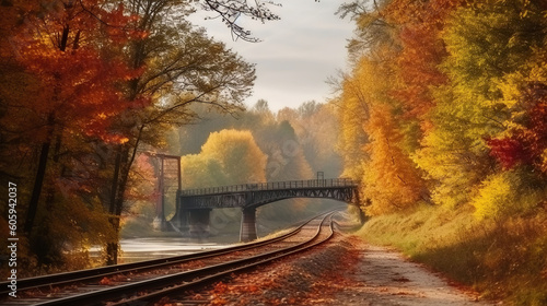 Autumnal scenery and the railway bridge. Generative AI