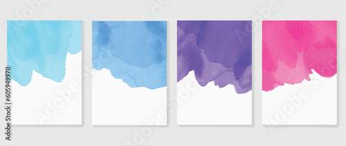 Watercolor art background cover template set. Wallpaper design with paint brush, pink, blue, purple, indigo color, brush stroke. Abstract illustration for prints, wall art and invitation card, banner.