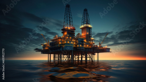 An oil platform on the calm sea with lights