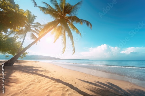  Beautiful palm tree on white sand beach. Summer nature view. Travel concept. Summer paradise, created with generative ai
