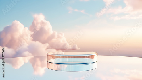 Glass podium on crystal water surface on tender sunset sky background. Show case for natural cosmetic products. Concept scene stage for new product, promotion sale and presentation. Generative ai