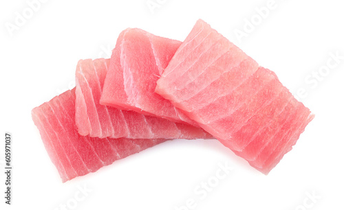 Tasty sashimi (pieces of fresh raw tuna) on white background, top view